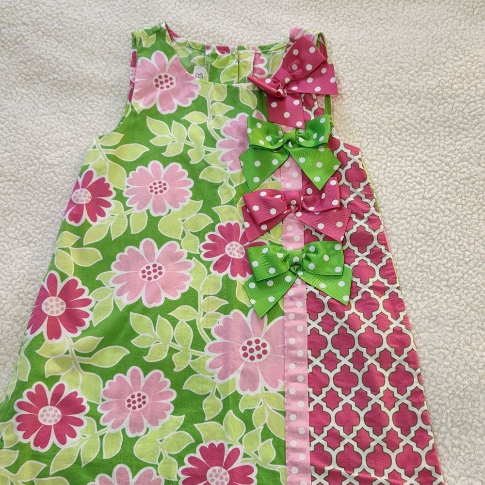 Bonnie Jean Baby Girls Pink Green Floral Quatrefoil Dotted Bows Dress Sz 4